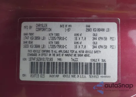 1997 Dodge Ram 1500 Lt из США, поврежденный, VIN 1B7HF16Z0VS172103